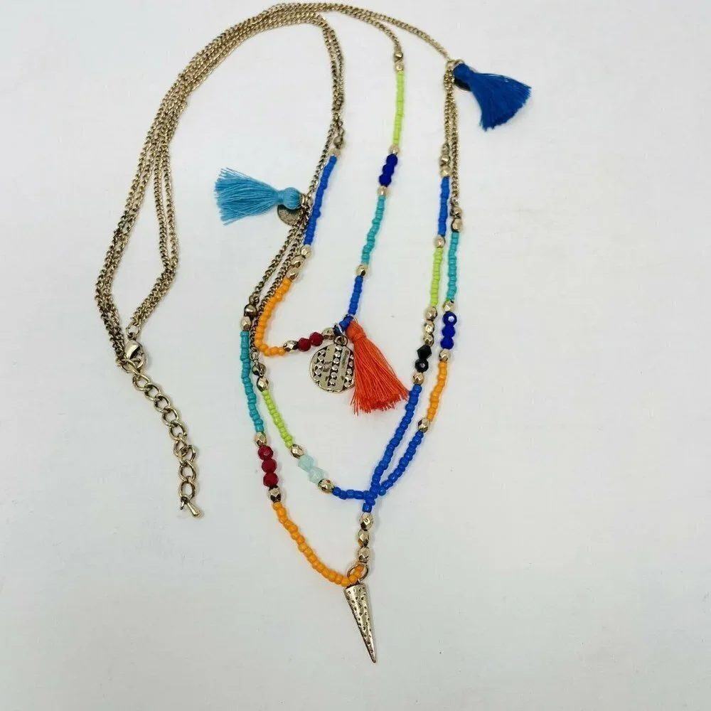 G by Gennaro 3 Strand Seed Bead with Fringe Layered Statement Fashion Necklace‎